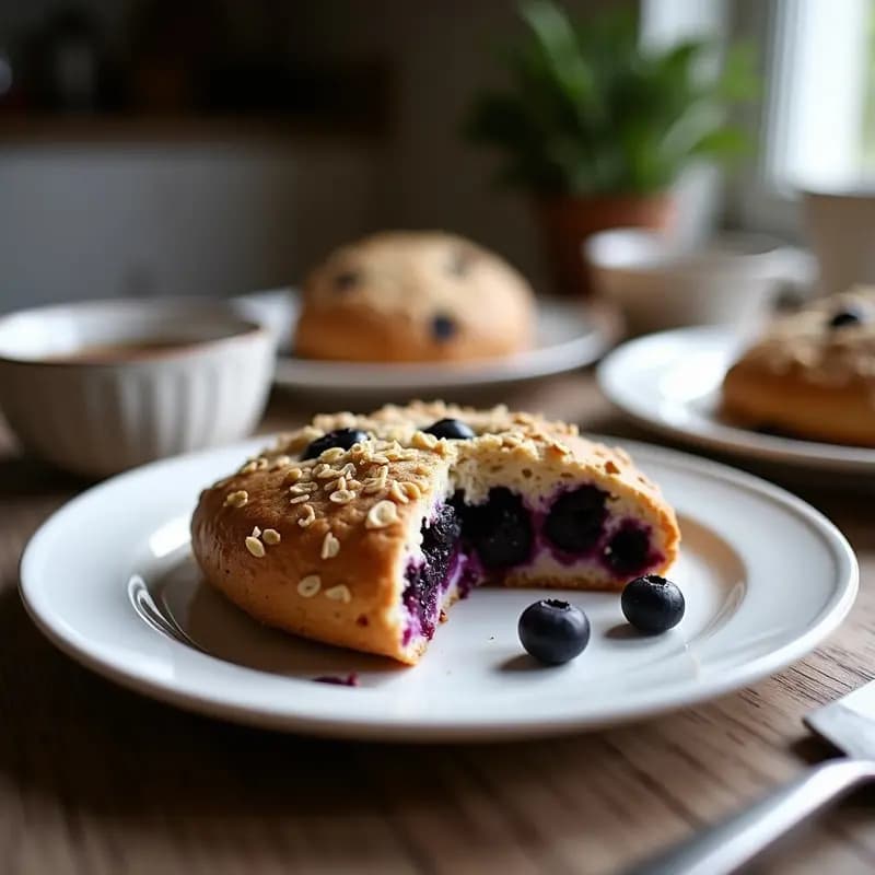 Scones británicos dorados de arándanos y avena sin gluten, dispuestos en una bandeja rústica de madera con papel de horno. Textura esponjosa y arándanos frescos asomando por la superficie. Acompañados de un té negro en una taza de porcelana blanca.