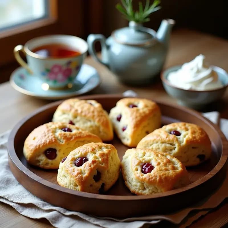 Scone dorado y esponjoso de harina de almendra con trocitos de cranberries secos, servido en una bandeja de madera rústica con fondo de té británico y crema batida keto.