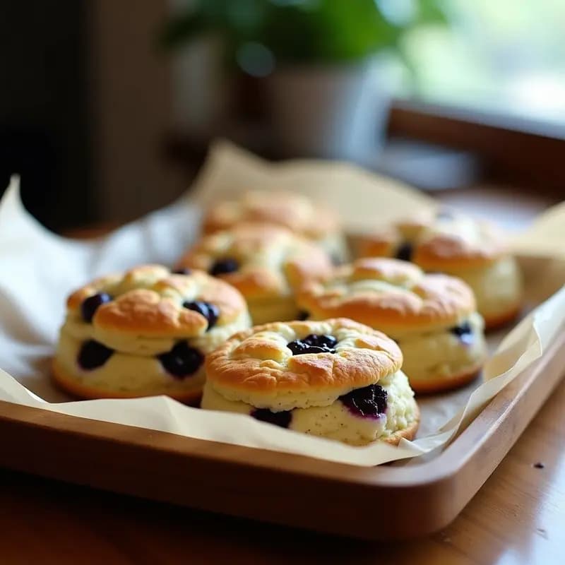 Scones dorados de harina de almendra con arándanos liofilizados morados en la superficie, textura escamosa y esponjosa, servidos en una bandeja de madera con fondo de papel de hornear. Receta keto en Thermomix.