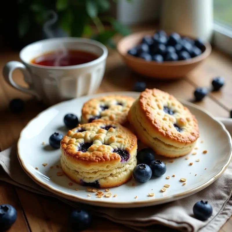 Scones ingleses dorados con arándanos frescos y avena, apilados en un plato rústico de cerámica blanca, acompañados de una taza de té negro. Receta de desayuno sin azúcar y alto en fibra.