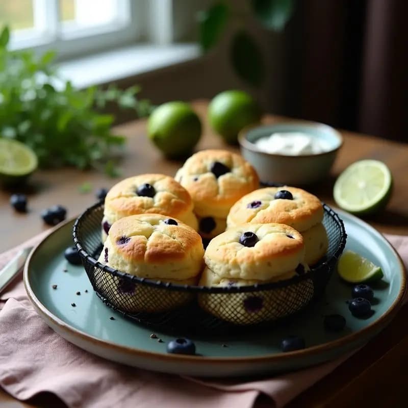 Scones británicos dorados de arándanos y lima en una canasta de airfryer, con textura esponjosa y trozos de arándanos visibles, acompañados de rodajas de lima fresca.