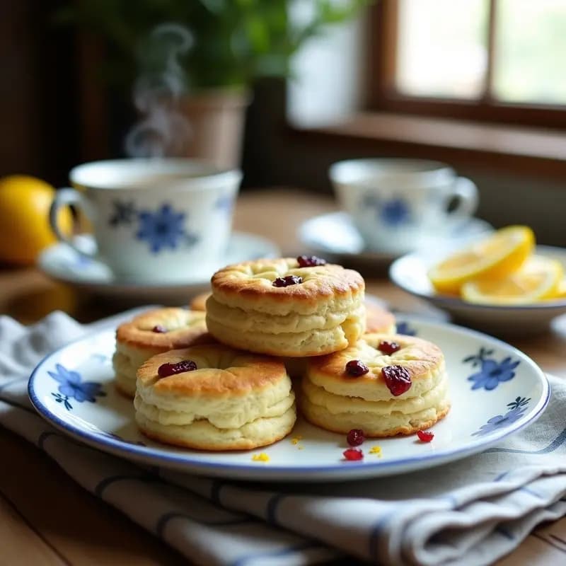 Scones dorados de arándanos y limón sin mantequilla sobre una rejilla de enfriado, con migas crujientes y trozos de arándanos secos visibles en el interior. Acompañados de una taza de té y rodajas de limón fresco en un fondo rústico de madera.