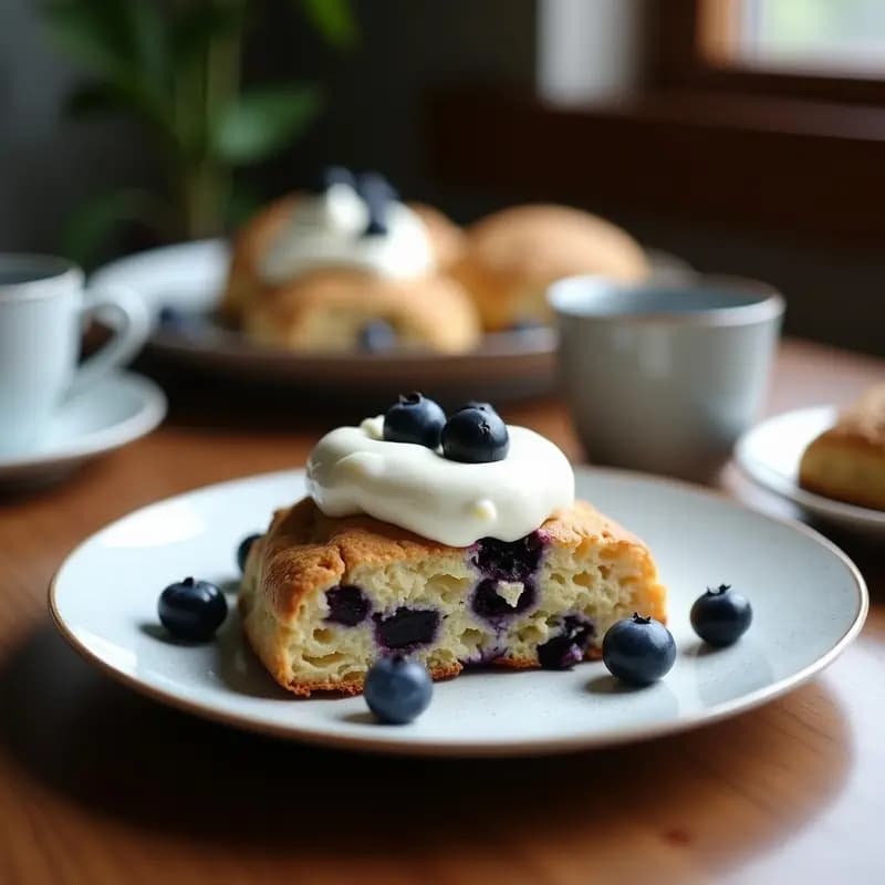 Scones irlandeses dorados de avena y arándanos con crema de coco, desayuno sin lactosa, servidos en bandeja de madera con fondo rústico.