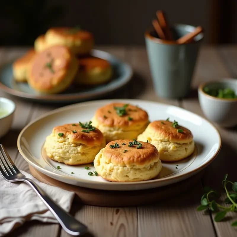 Scones dorados de queso de anacardos y hierbas provenzales sobre una bandeja de madera rústica, con textura esponjosa y trozos de hierbas visibles, acompañados de un té británico en una taza de porcelana.