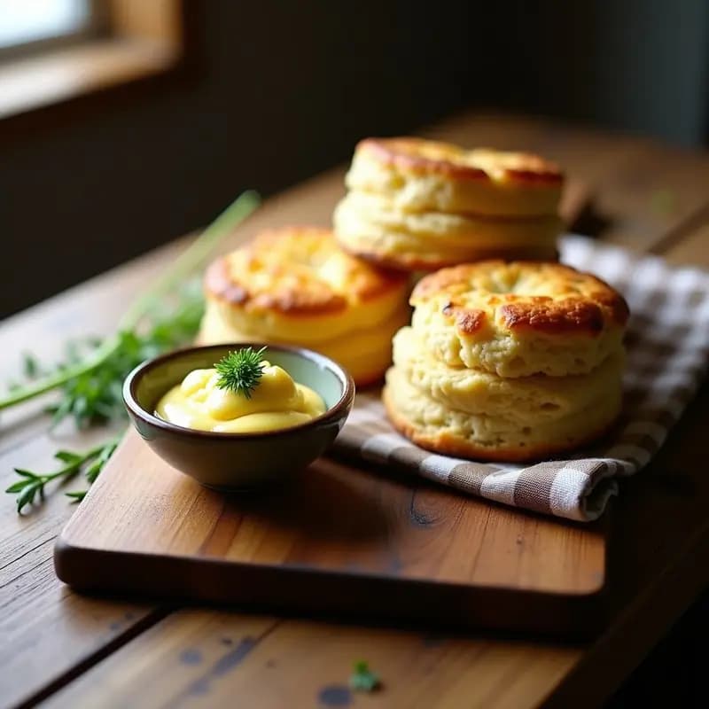 Scones dorados y esponjosos de queso cheddar y cebollino sobre una tabla de madera rústica, con una rodaja de mantequilla de ajo cremosa en el centro. Receta inglesa para tupper.