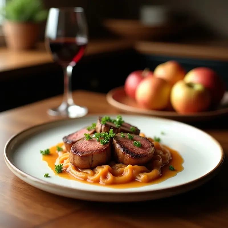 Plato blanco rústico con rodajas de secreto ibérico jugoso sobre un puré cremoso de manzana y patata, decorado con hilo de nata y romero fresco. Receta tradicional española de cerdo con toque dulce-salado.