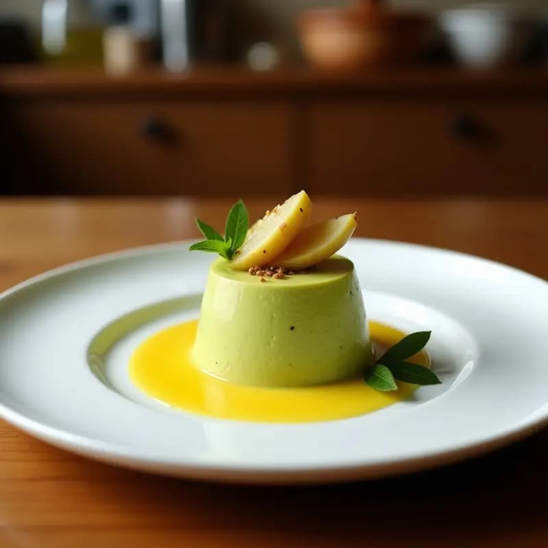 Semifreddo de matcha y maracuyá con base de galletas de arroz, cortado en porciones rectangulares sobre una fuente blanca. Capas visibles de color verde claro y amarillo intenso, decorado con virutas de coco y semillas de sésamo. Postre japonés sin azúcar.