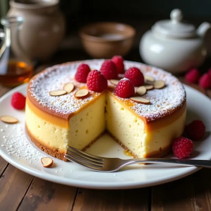 Pastel de queso blanco polaco Sernik en molde desmontable, con superficie dorada y textura esponjosa, decorado con frambuesas frescas y almendras fileteadas, servido sobre plato de porcelana blanca.