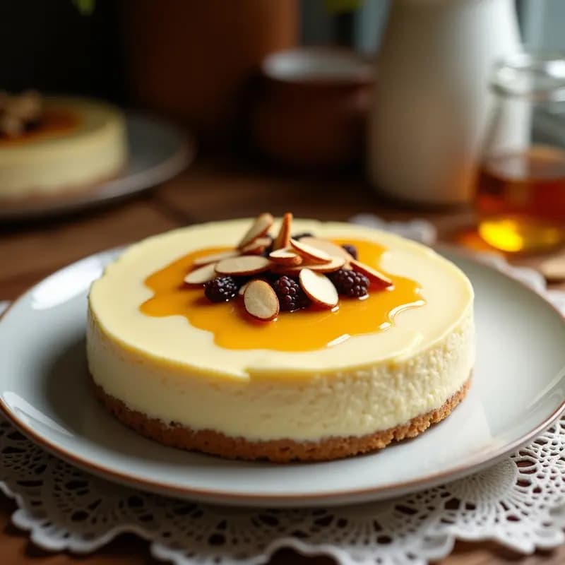 Sernik polaco de queso blanco y pasas en molde desmontable, base de galleta Digestive, superficie cremosa decorada con almendras fileteadas tostadas y un toque de canela, servido en plato blanco con coulis de frambuesas.