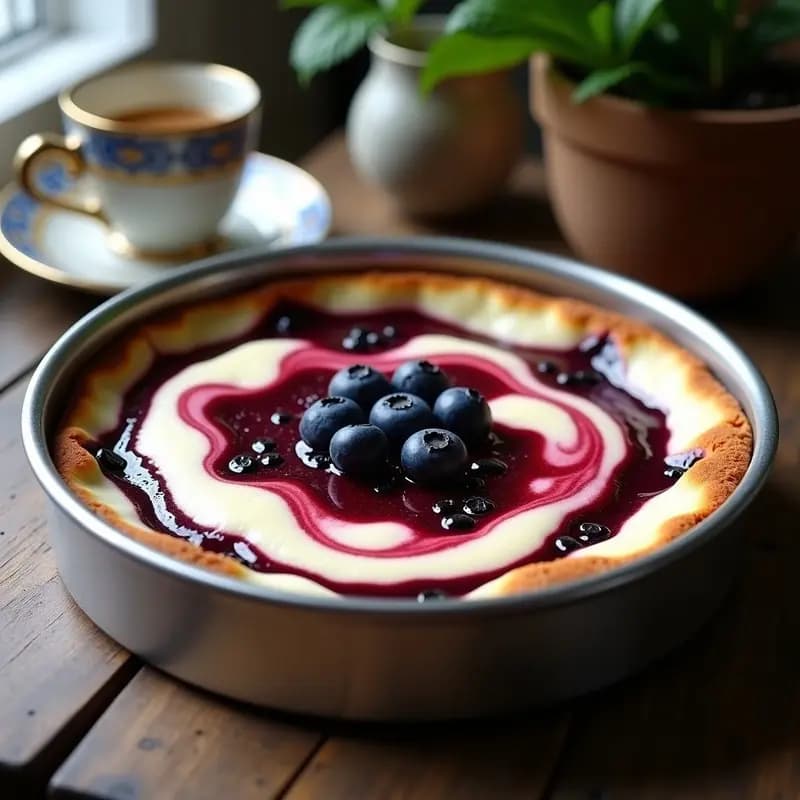 Sernik polaco de queso quark y arándanos sin horno en molde desmontable, con base dorada de galletas de centeno, relleno cremoso marmoleado con mermelada de arándanos y arándanos frescos en la superficie, decorado con hilo de mermelada y canela.