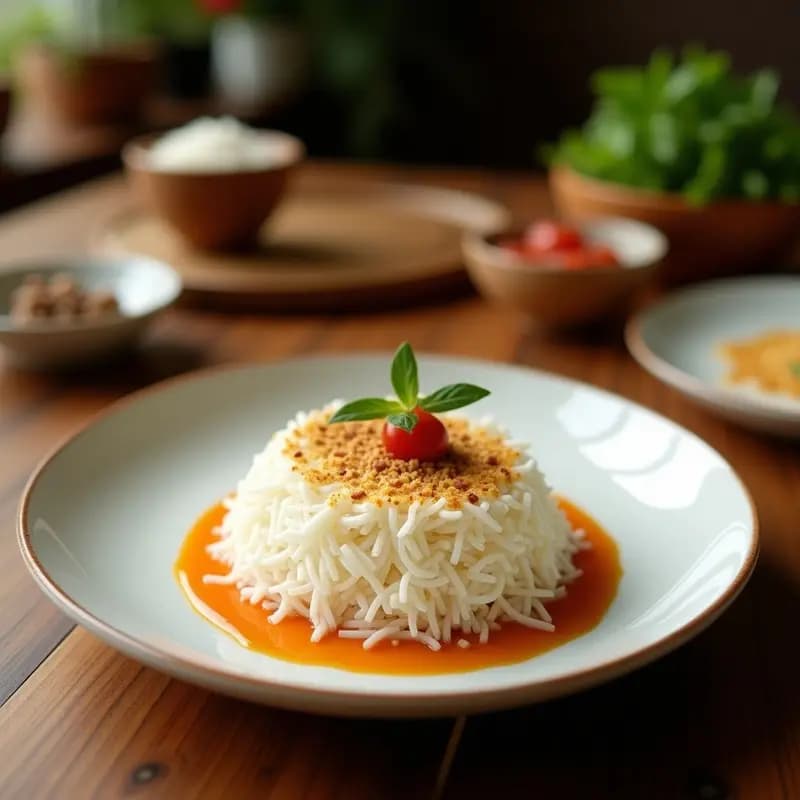 Plato de madera rústico con serundeng indonesio de coco y cacahuetes, aperitivo crujiente y dorado, servido en pequeños montones junto a hojas de limón kaffir y trozos de coco tostado.