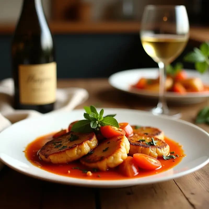 Plato hondo de barro con siete filetes de ternera en salsa de tomate y vino blanco, decorados con perejil fresco. Receta tradicional portuguesa de Sete Biftecas à Portuguesa en olla exprés.