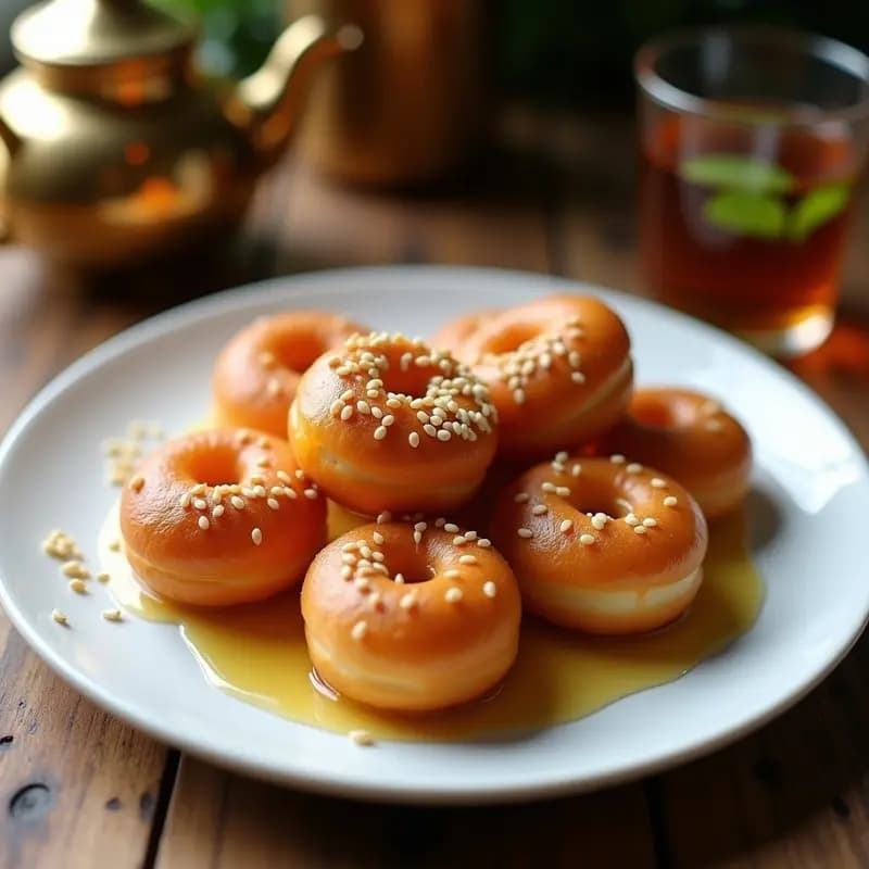 Plato blanco con bolitas de sfenj marroquí doradas, bañadas en miel de azahar y cubiertas de semillas de sésamo dorado, sobre fondo rústico de madera con té a la menta al lado.