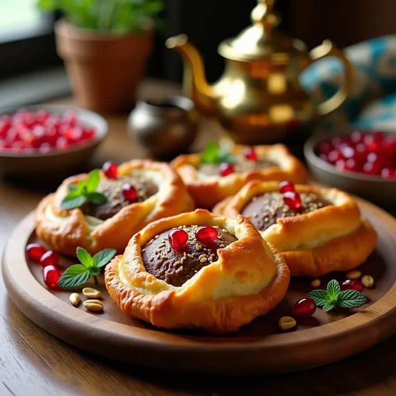Sfiha árabes doradas y crujientes en airfryer, rellenas de carne picada de cordero y semillas de granada rojas, dispuestas en una fuente de madera con piñones y perejil fresco.