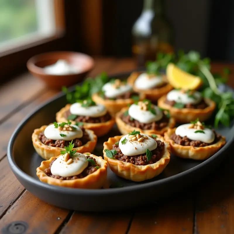 Sfiha libanesa horneada en bandeja rústica: pequeñas tartaletas de masa dorada rellenas de carne picada especiada, decoradas con piñones tostados y acompañadas de salsa de yogur cremosa. Receta tradicional de Oriente Medio.