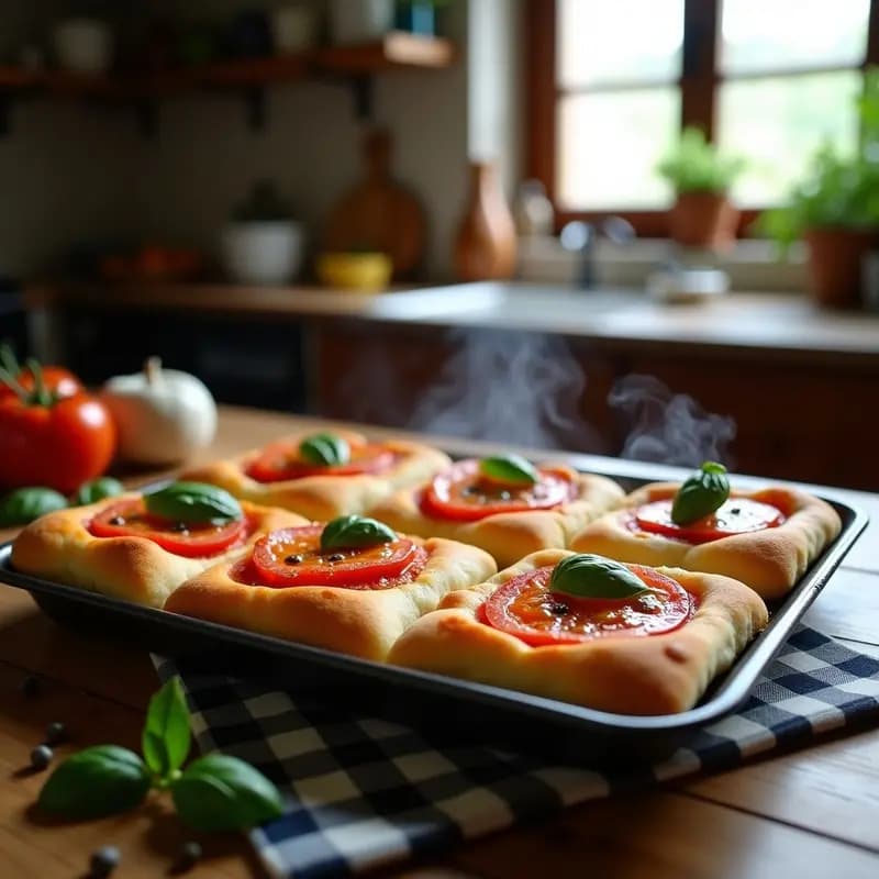 Bandeja de horno con sfinciuni sicilianos dorados y crujientes, cubiertos con salsa de tomate fresco, filetes de anchoas y hojas de albahaca, receta tradicional sin queso.