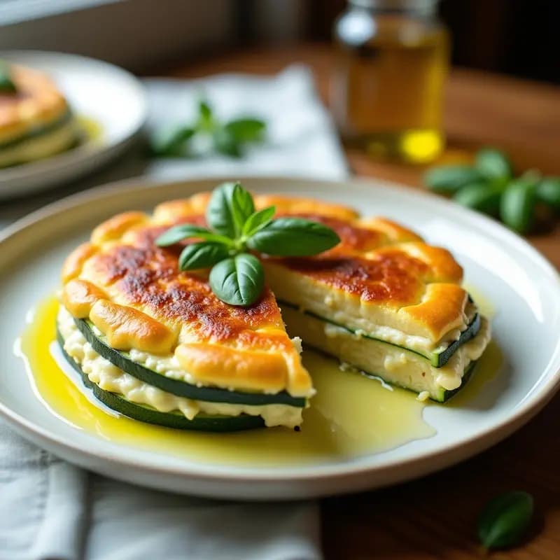 Sformato de calabacín y queso de cabra al horno sin harina, cortado en porciones, con capas visibles de calabacín y queso dorado, decorado con almendras fileteadas y hojas de albahaca fresca.