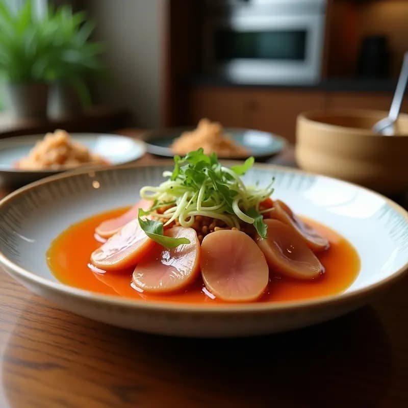 Olla rápida humeante con caldo dashi transparente, láminas de ternera rosada, zanahoria naranja, repollo morado y champiñones shiitake sumergidos. Acompañado de un bol con salsa ponzu dorada y semillas de sésamo. Plato de shabu-shabu japonés tradicional.