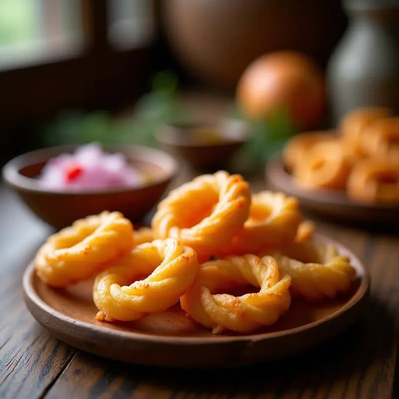 Shakoy filipina dorada y crujiente en forma de espiral, servida en plato de madera con salsa de ajo y vinagre en bol pequeño al lado. Aperitivo tradicional filipino.