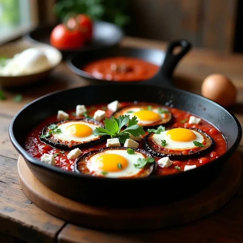 Shakshuka libanesa-israelí en sartén de hierro con berenjenas asadas doradas, huevos con yema líquida, feta dorada en cubos y hierbas frescas. Salsa de tomate espesa con especias ahumadas y pimientos rojos asados. Plato rústico y humeante.