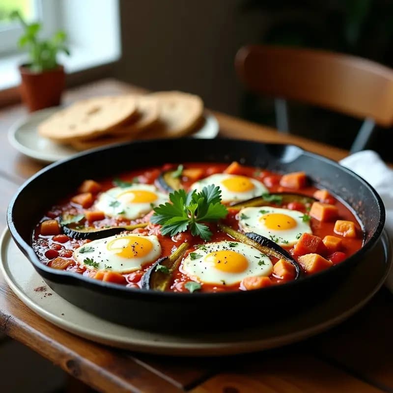 Sartén de hierro fundido con shakshuka de calabacín y berenjena con queso feta vegano. Sofrito rojo intenso con trozos de berenjena dorada, calabacín en juliana, tofu sedoso en nidos y queso feta desmenuzado. Decorado con cilantro fresco y servido con pan de pita tostado. Receta tunecina vegana adaptable.