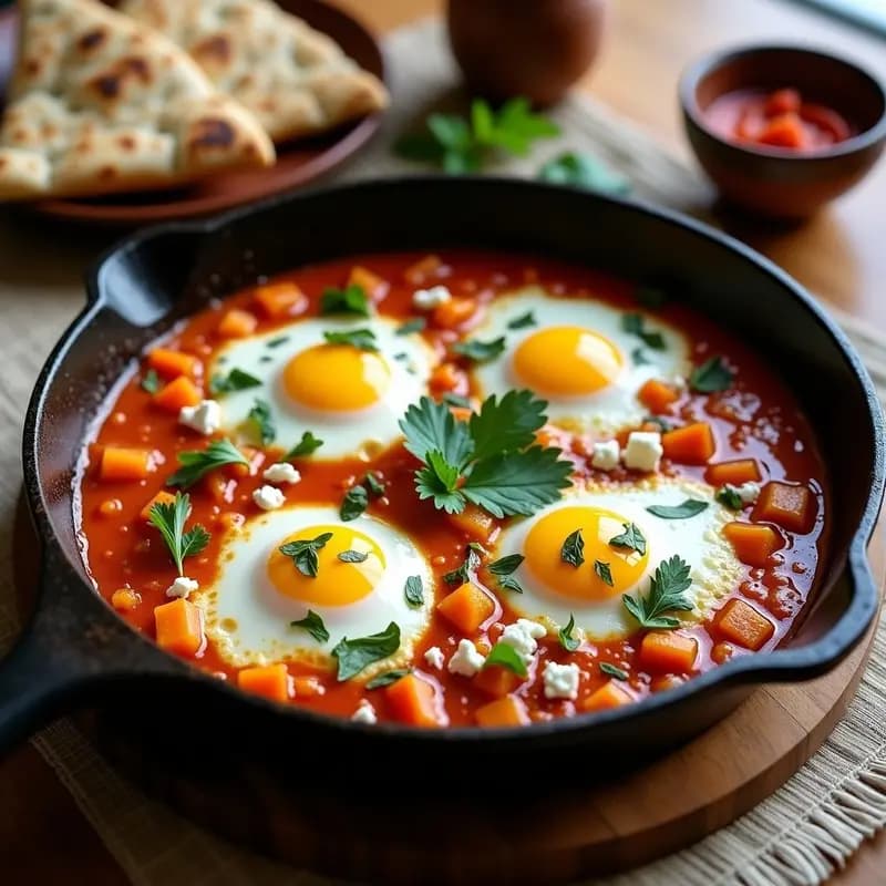 Sartén de hierro fundido con shakshuka de calabaza y feta: salsa espesa de tomate y calabaza asada, huevos pochados con yemas líquidas, queso feta desmenuzado y hierbas frescas. Acompañada de pan de pita integral tostado, en un mantel rústico con detalles tunecinos.