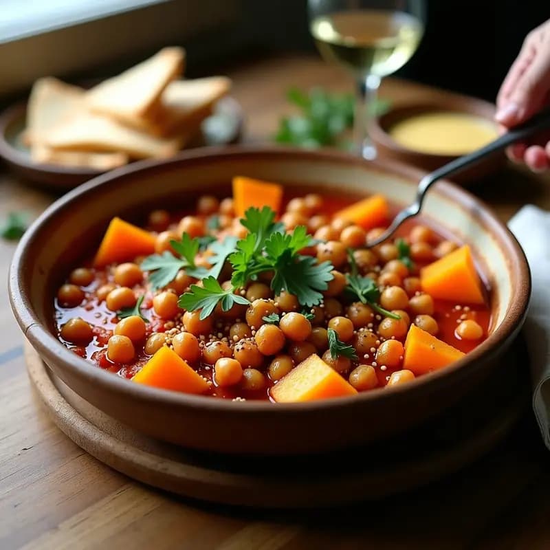 Plato hondo de barro con shakshuka libanesa vegana: salsa de tomate especiada con cubos de calabaza butternut dorada, garbanzos tostados crujientes, perejil fresco y semillas de sésamo. Acompañado de pan de pita integral tostado en triángulos. Receta tradicional del Líbano.