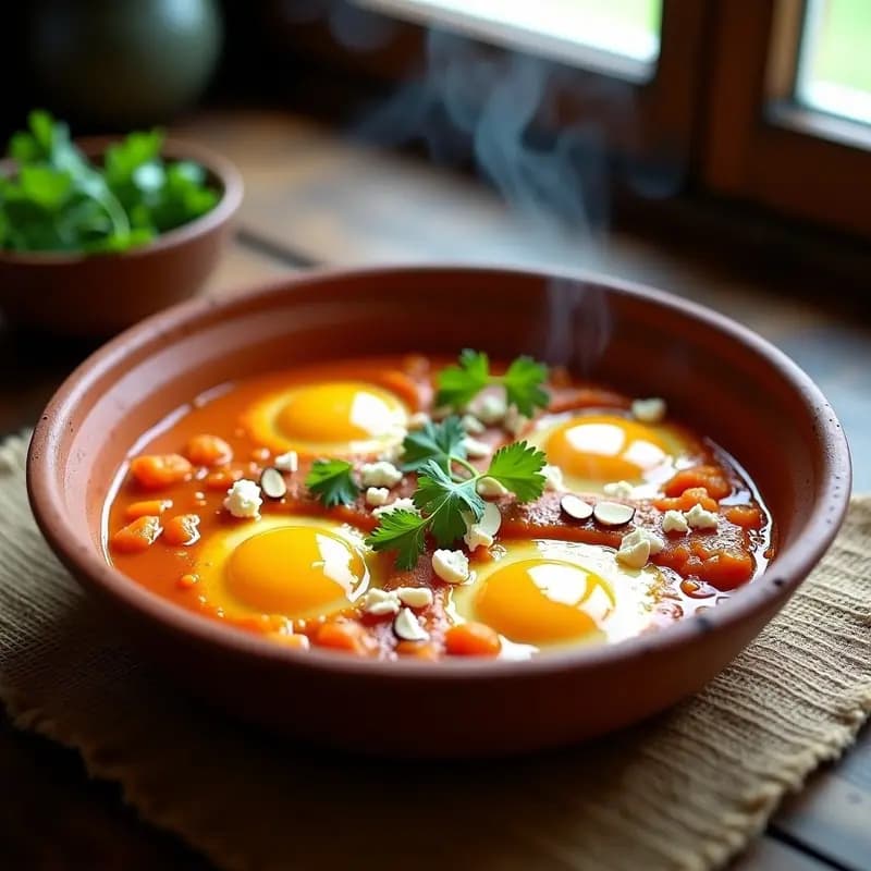 Shakshuka de calabaza y huevos de pato en olla lenta: plato hondo de barro con salsa espesa de calabaza y tomate, huevos de pato con yemas líquidas, queso feta desmenuzado, almendras tostadas y cilantro fresco sobre fondo rústico de madera.