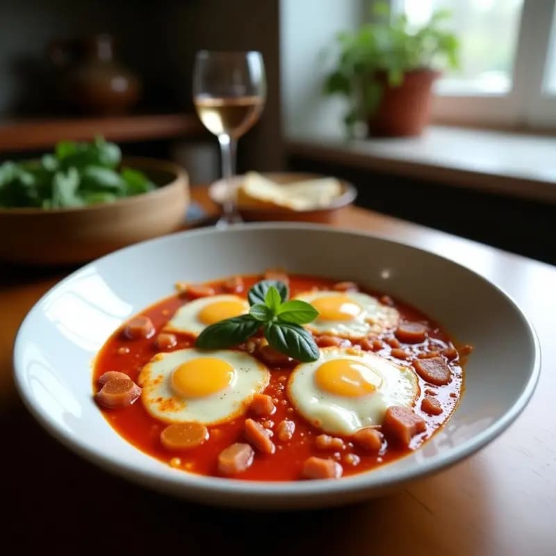 Sartén de hierro con shakshuka española: base de tomate especiado con trozos de chorizo ibérico, huevos con yemas líquidas y queso manchego fundido, decorada con cilantro fresco.