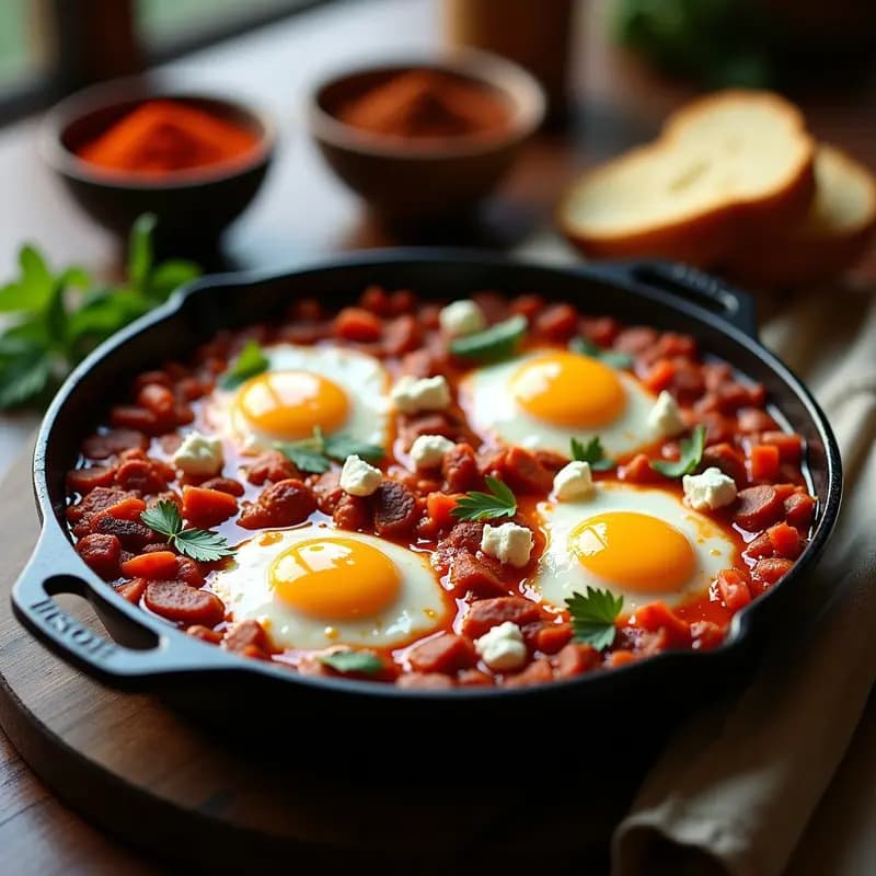 Sartén de hierro fundido con shakshuka magrebí: salsa espesa de tomate y pimientos rojos con trozos de chorizo dorado, huevos escalfados con yemas líquidas, espolvoreada con queso feta blanco y perejil verde fresco. Fondos borrosos de especias y pan tostado.
