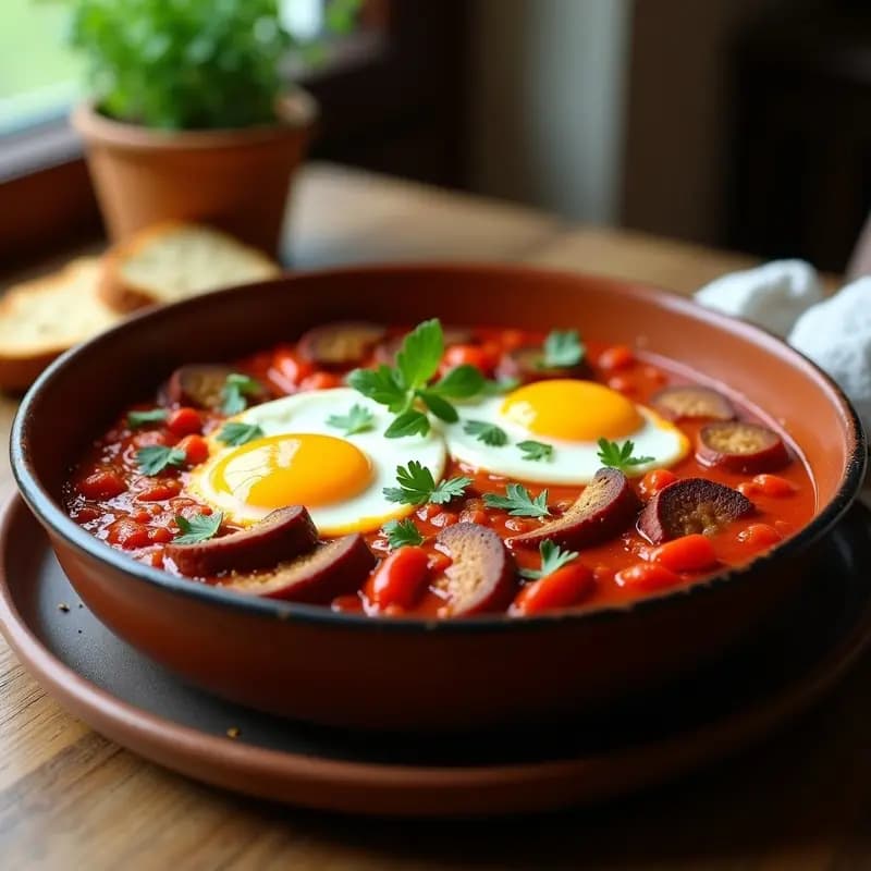 Plato hondo de barro con shakshuka nordafricana: salsa espesa de tomate y pimientos con rodajas de chorizo vegano de seitán y huevos pochados con yema líquida. Espolvoreado con cilantro fresco y acompañado de pan integral tostado.