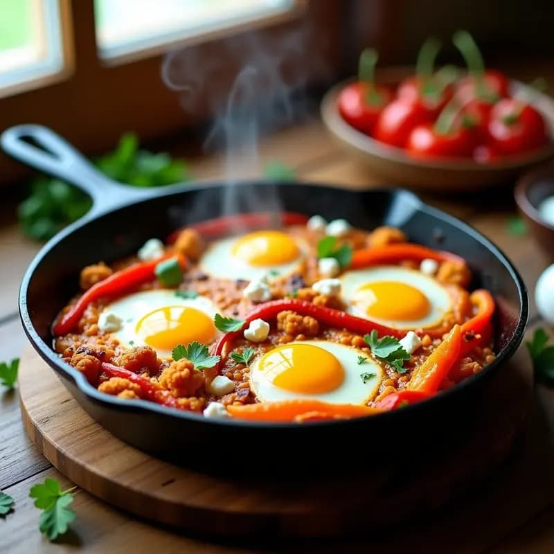 Olla de hierro fundido con shakshuka de coliflor y pimientos low-carb, huevos cuajados con yemas líquidas, queso feta desmenuzado y perejil fresco, sobre fondo rústico de madera.