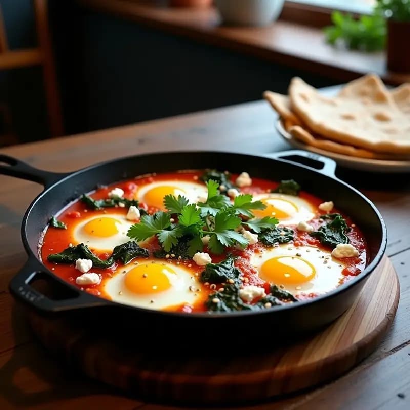 Sartén de hierro con shakshuka egipcia humeante: salsa de tomate espesa con especias, espinacas verdes, huevos con yemas líquidas y queso feta desmenuzado blanco. Decorada con semillas de sésamo, cilantro fresco y zeste de limón sobre fondo rústico de madera.