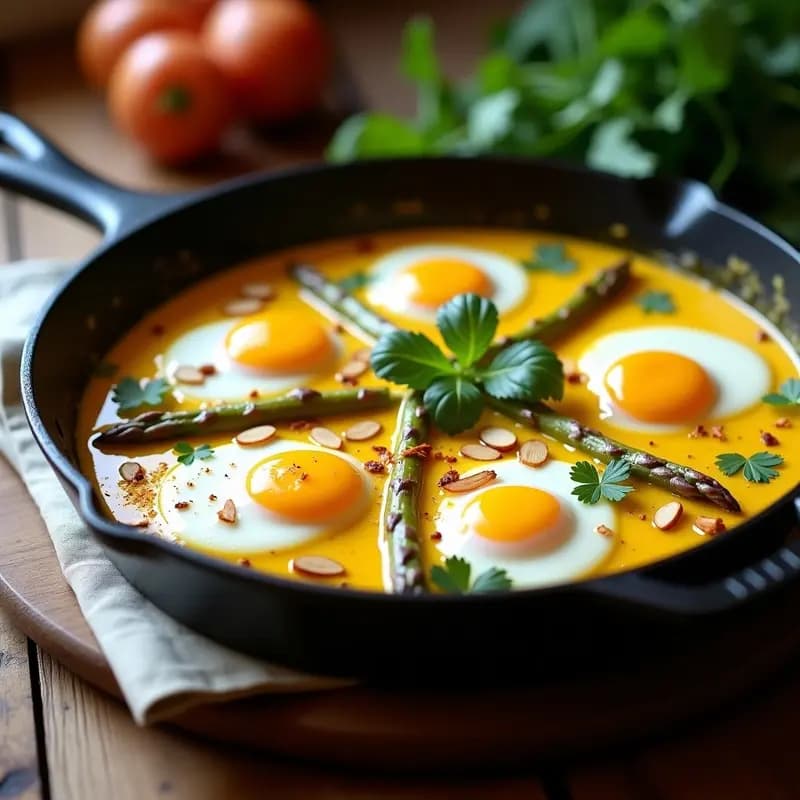 Sartén de hierro con shakshuka tunecina sin tomate, espárragos blancos tiernos bañados en salsa cremosa de yogur y leche de coco, huevos pochados con yemas líquidas, decorada con cilantro fresco y almendras tostadas.