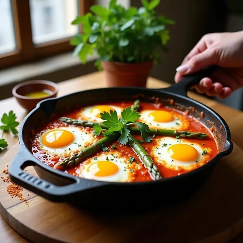 Sartén de hierro fundido con shakshuka de espárragos blancos y tomate, huevos de codorniz con yemas líquidas, decorada con perejil fresco y puntas de espárrago. Plato nordafricano colorido y apetitoso.