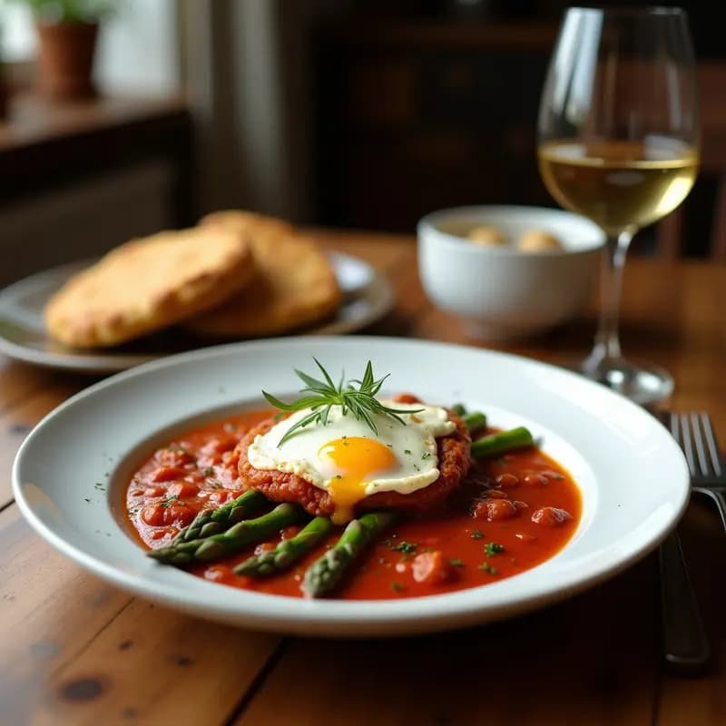 Sartén de hierro negro con shakshuka humeante: huevos pochados con yemas líquidas sobre una salsa espesa de tomate y espárragos verdes, coronados con queso de cabra desmenuzado y perejil fresco. Plato tradicional norteafricano alto en proteína.