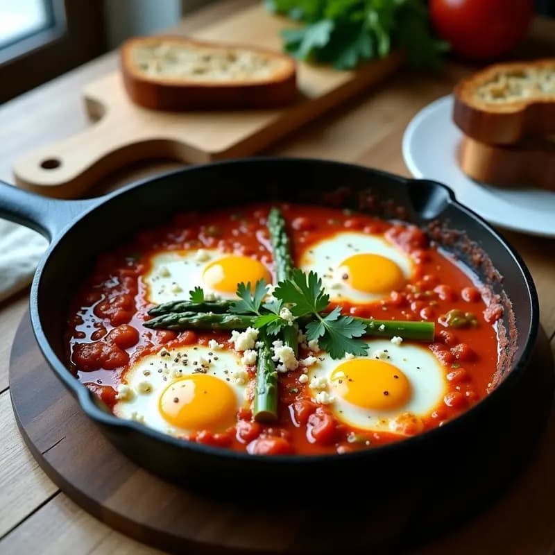Sartén de hierro fundido con shakshuka túnez-alemana: huevos poché en salsa de tomate y pimiento rojo, espárragos blancos en rodajas, queso de oveja desmenuzado y cilantro fresco. Acompañada de pan de centeno tostado sobre fondo rústico de madera.