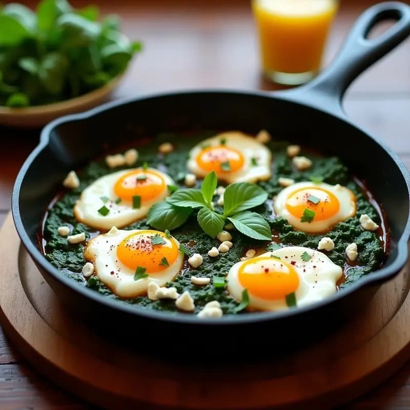Sartén antiadherente con shakshuka de espinacas frescas, huevos camperos con yemas líquidas, queso feta desmenuzado y cilantro picado, sobre fondo rústico de madera. Desayuno norteafricano alto en proteína.