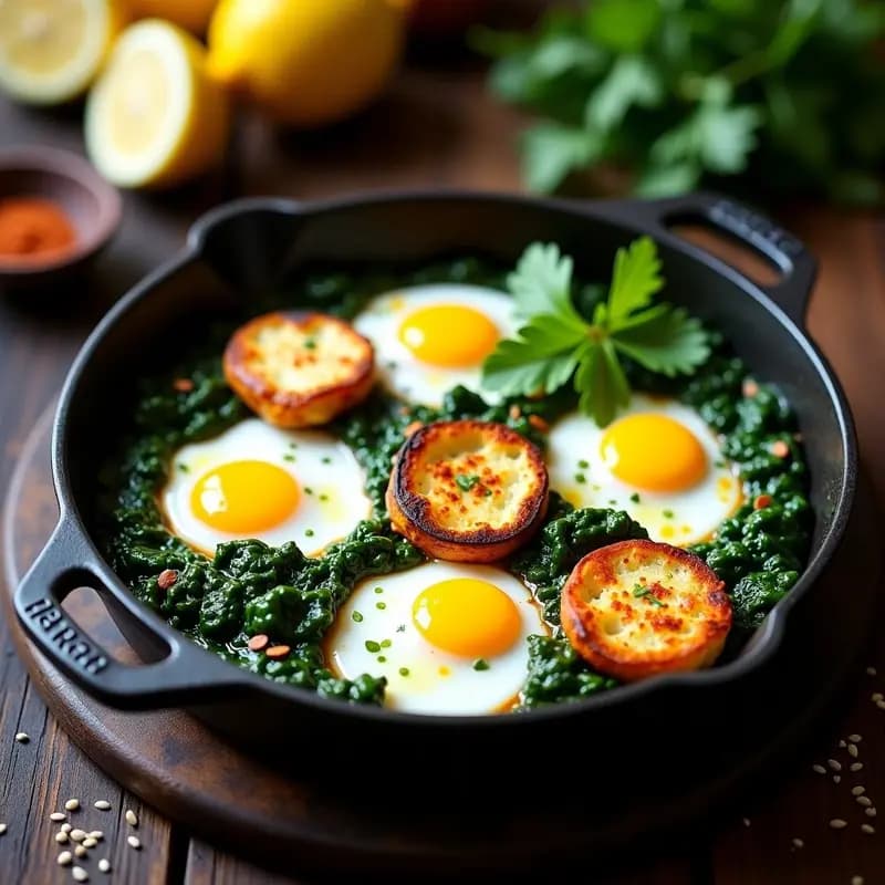 Sartén de hierro con shakshuka verde de espinacas frescas, huevos con yema líquida y rodajas doradas de queso halloumi, decorada con cilantro. Desayuno tunecino proteico y sin gluten.