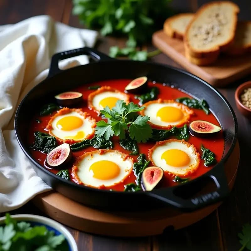 Sartén de hierro con shakshuka iraquí de espinacas y higos, huevos con yemas líquidas, pan de trigo sarraceno tostado con semillas de sésamo y cilantro fresco. Desayuno sin gluten colorido y nutritivo.