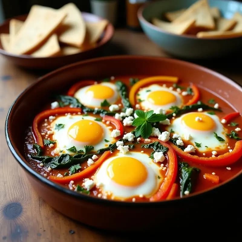 Plato hondo de barro con shakshuka de espinacas y queso feta en airfryer: huevos escalfados con yemas líquidas sobre una salsa espesa de tomate, espinacas y pimientos asados, coronados con queso feta desmenuzado y perejil fresco.