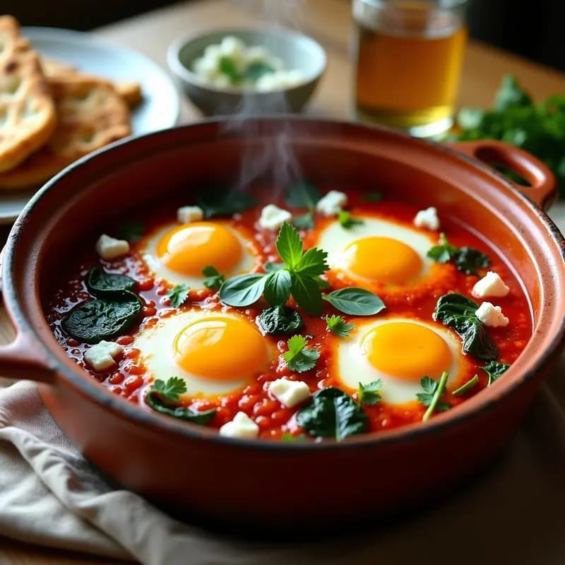 Olla lenta abierta mostrando una shakshuka tunecina con huevos pochados en salsa de tomate espesa, espinacas verdes vibrante y queso feta desmenuzado derritiéndose. Decorada con cilantro fresco y semillas de sésamo tostadas, servida en un plato rústico de barro con pan de pita al lado.