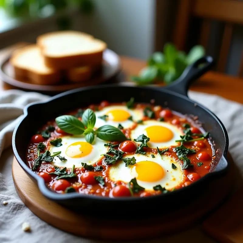 Sartén de hierro negra con shakshuka vegana: salsa de tomate espesa con espinacas, trozos de tofu ahumado y queso feta vegano derretido, decorada con perejil y semillas de sésamo.