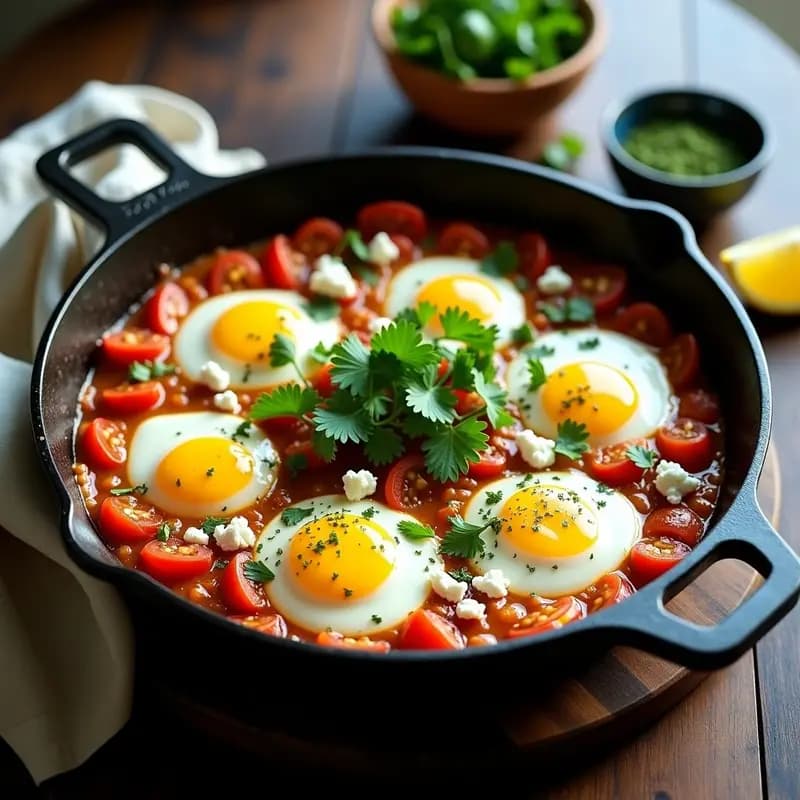 Sartén de hierro con shakshuka tunecina de color verde azulado por la espirulina, huevos de codorniz con yemas líquidas, cilantro fresco y especias. Plato alto en proteína y hierro.