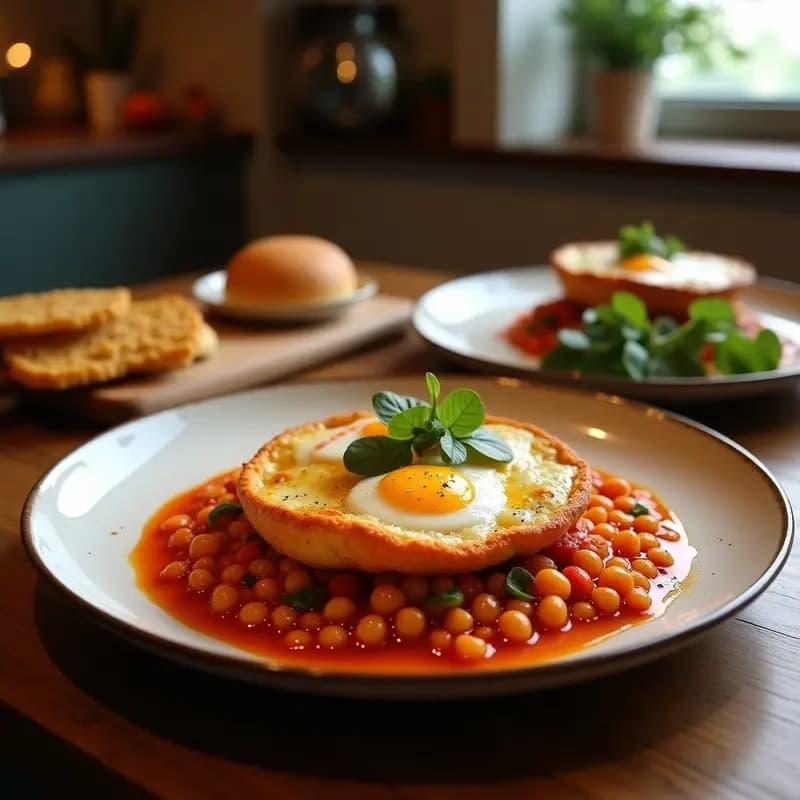 Sartén de hierro fundido con shakshuka tunecina: huevos cuajados sobre una salsa espesa de tomate, garbanzos y pimentón ahumado, decorada con perejil fresco y semillas de sésamo tostado. Plato tradicional árabe rico en proteínas.