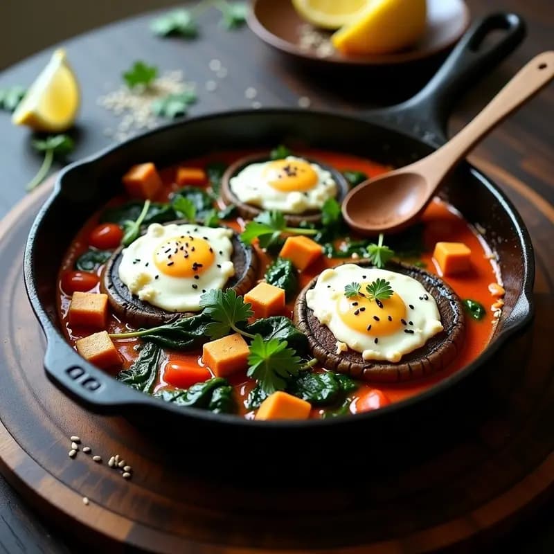 Cazuelón de hierro fundido con shakshuka de hongos portobello y espinacas, base cremosa de calabaza y tahini, huevos con yema líquida, espolvoreado con perejil fresco y semillas de sésamo, servido con pan tostado.