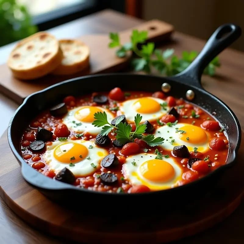 Sartén de hierro fundido con shakshuka de berenjena asada en cubos dorados, salsa de tomate especiada con pimentón ahumado y ajo negro, coronada con huevos pochè de yema líquida, semillas de sésamo tostado y cilantro fresco. Platillo colorido y apetitoso típico de la cocina norteafricana, servido con pan de pita al lado.