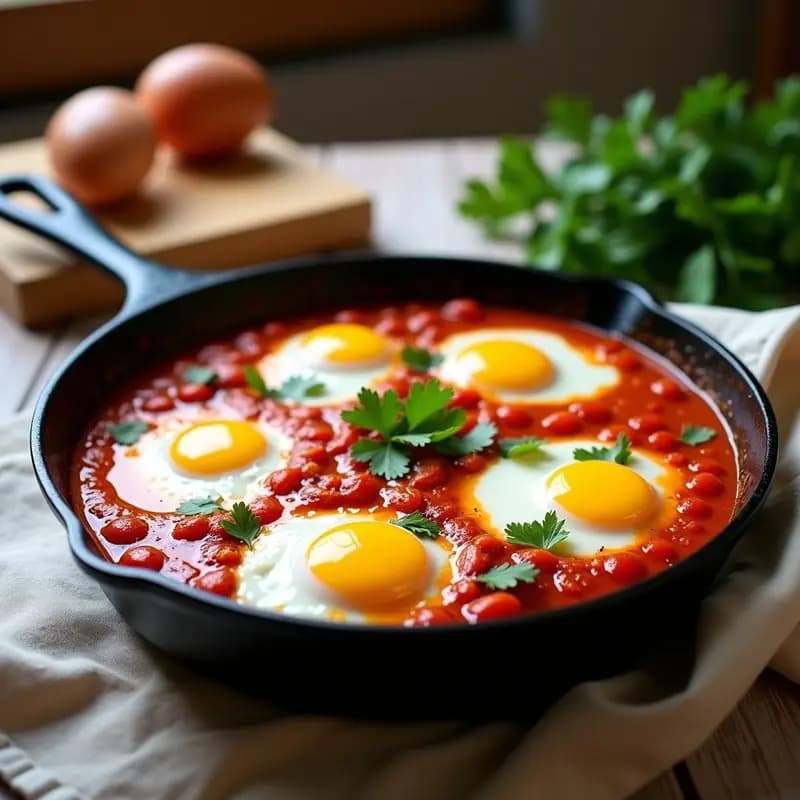 Sartén de hierro fundido con shakshuka con huevo y tomates, salsa espesa de tomate rojo con huevos escabechados y cilantro fresco espolvoreado, servida sobre un paño rústico.