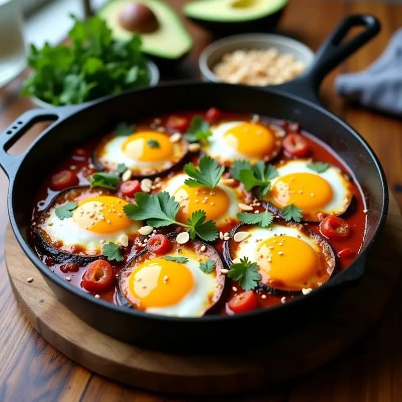 Sartén de hierro fundido con shakshuka keto: base espesa de berenjena asada y calabacín con especias, huevos de codorniz pochos en el centro, decorada con cilantro, perejil, almendras tostadas y un chorrito de limón. Plato colorido y apetitoso sobre fondo rústico de madera.