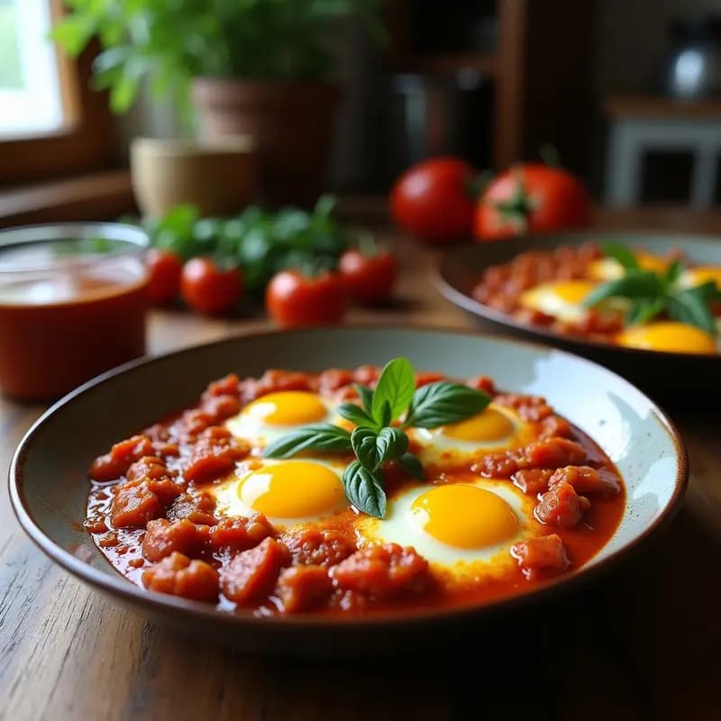 Sartén de hierro fundido con shakshuka de huevos de codorniz y trozos de salchicha Meretz, bañados en una salsa espesa de tomate y especias, decorada con perejil fresco y semillas de sésamo.